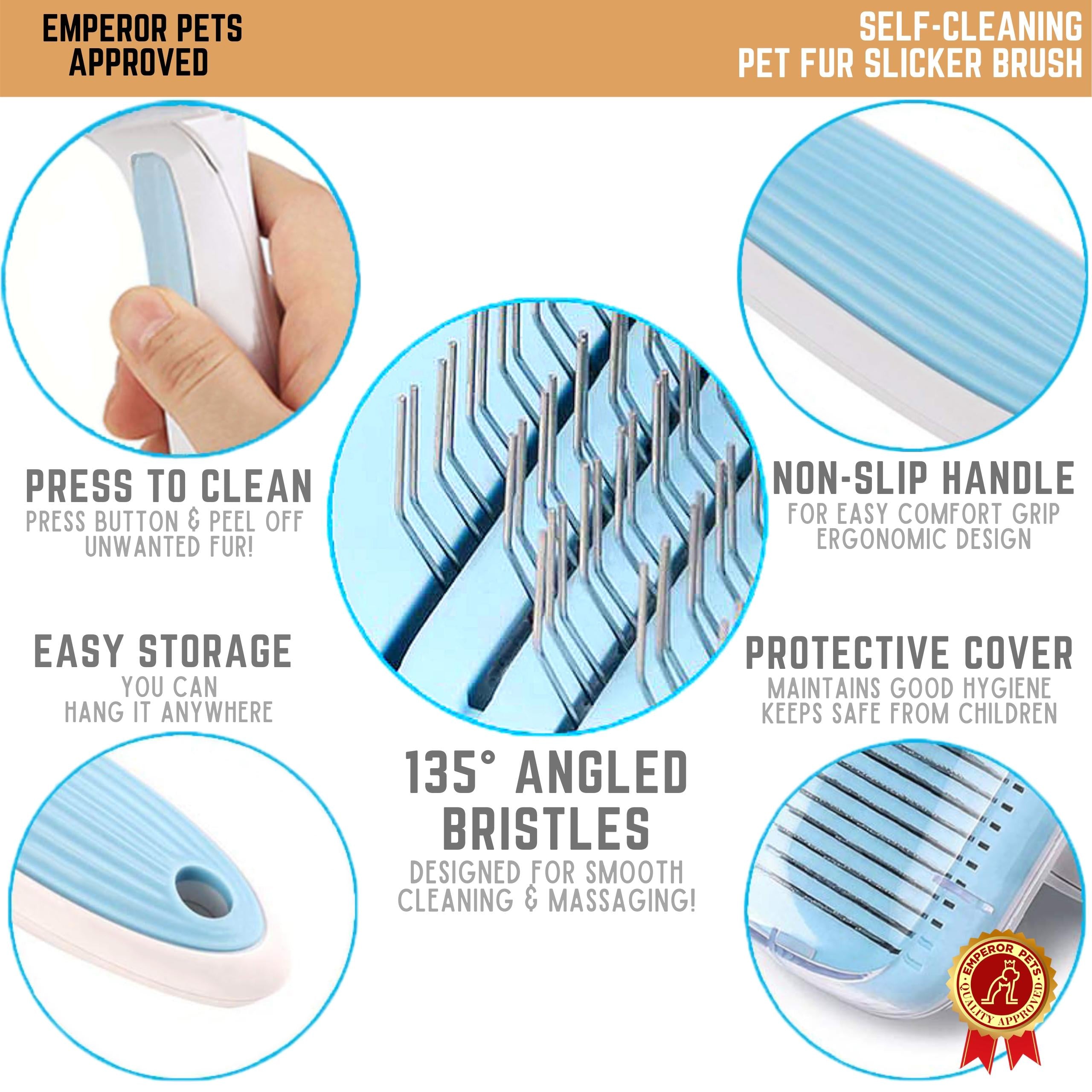 Emperor Pets Self Cleaning Pet Fur Slicker Brush for Long Fur Pets, Dog Brush, Cat Brush, Blue Color - Image 3 Key Features