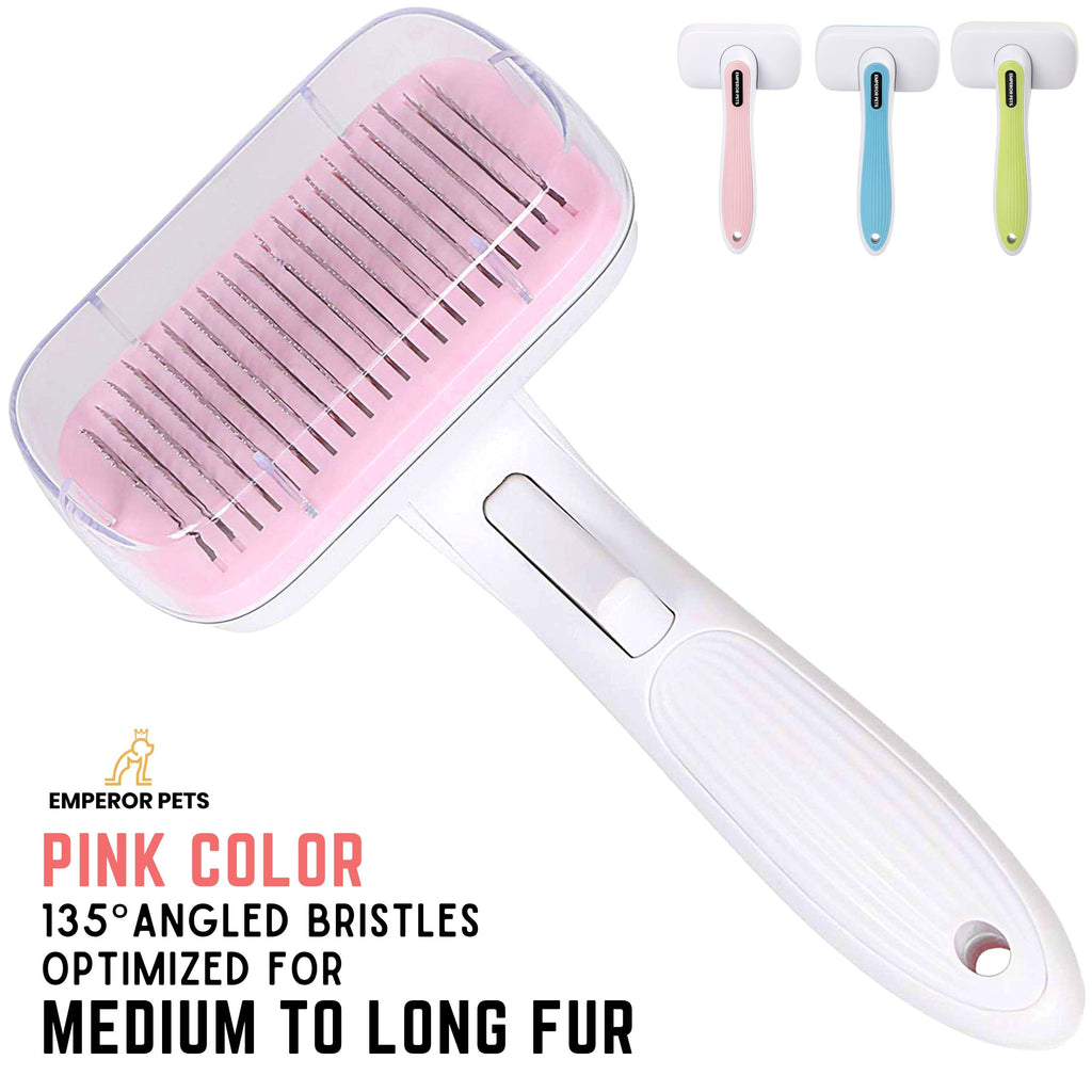 Emperor Pets Self Cleaning Pet Fur Slicker Brush for Long Fur Pets, Dog Brush, Cat Brush, Pink Color - Image 1 Main