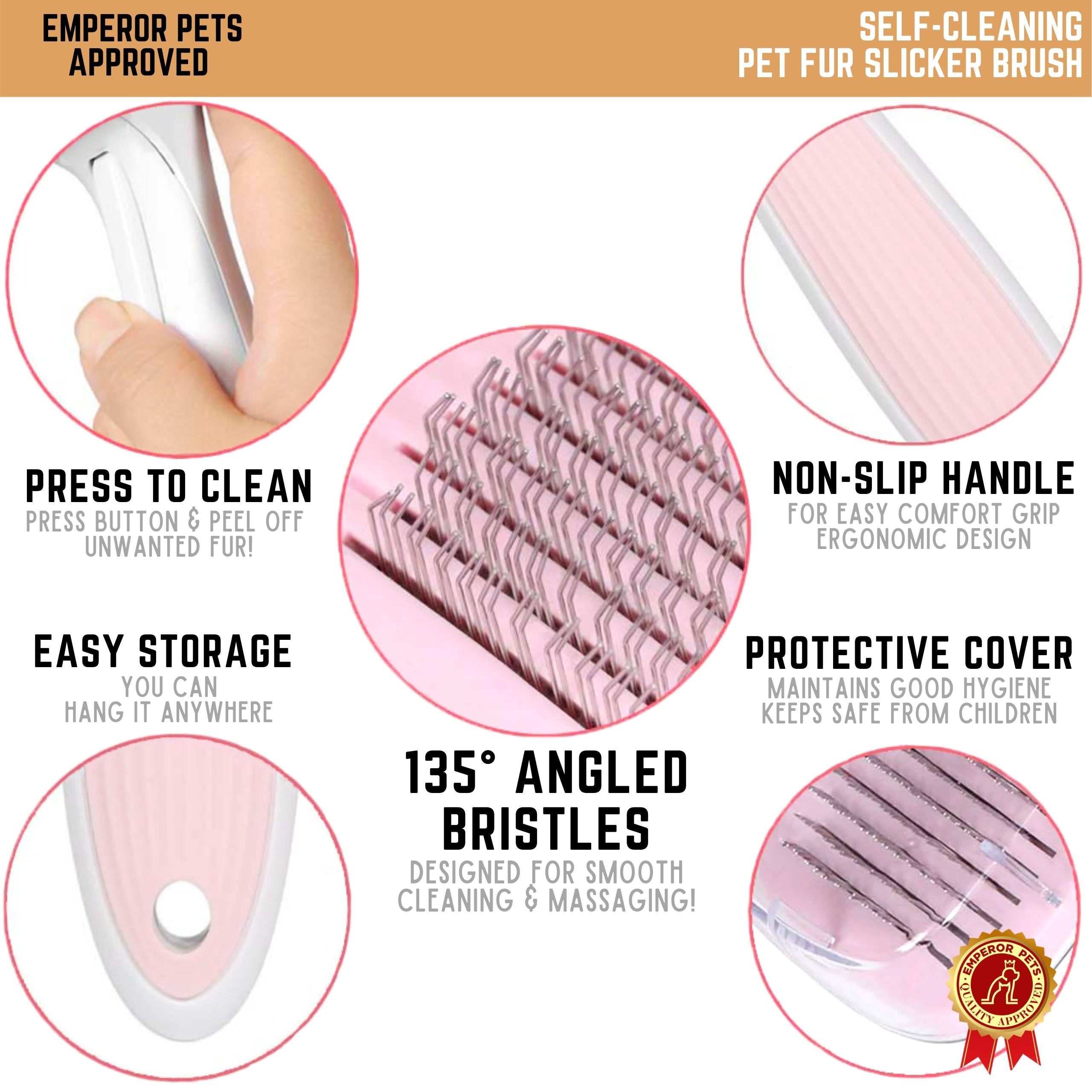 Emperor Pets Self Cleaning Pet Fur Slicker Brush for Long Fur Pets, Dog Brush, Cat Brush, Pink Color - Image 3 Key Features