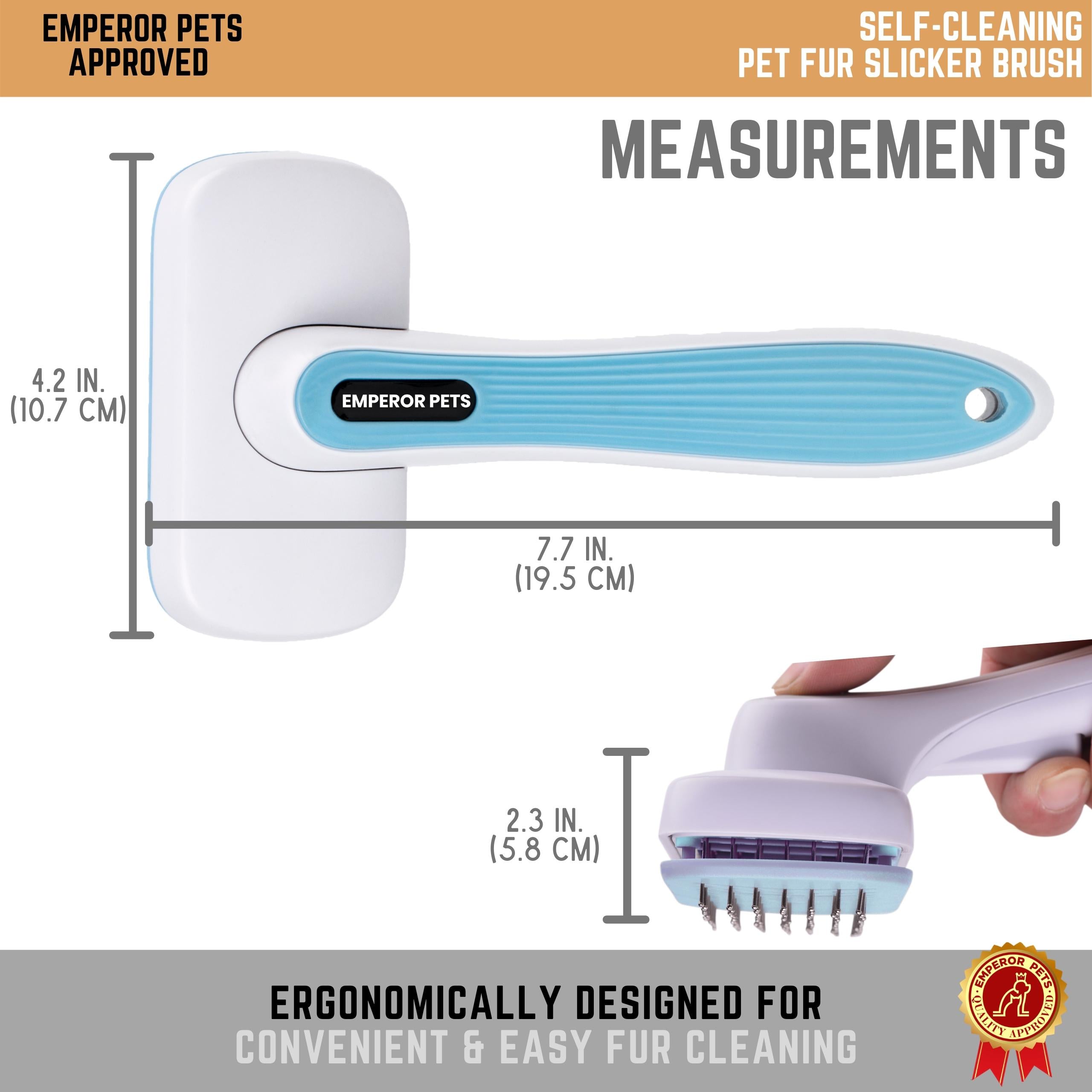 Emperor Pets Self Cleaning Pet Fur Slicker Brush for Short Fur Pets, Dog Brush, Cat Brush, Blue Color - Image 5 Measurements