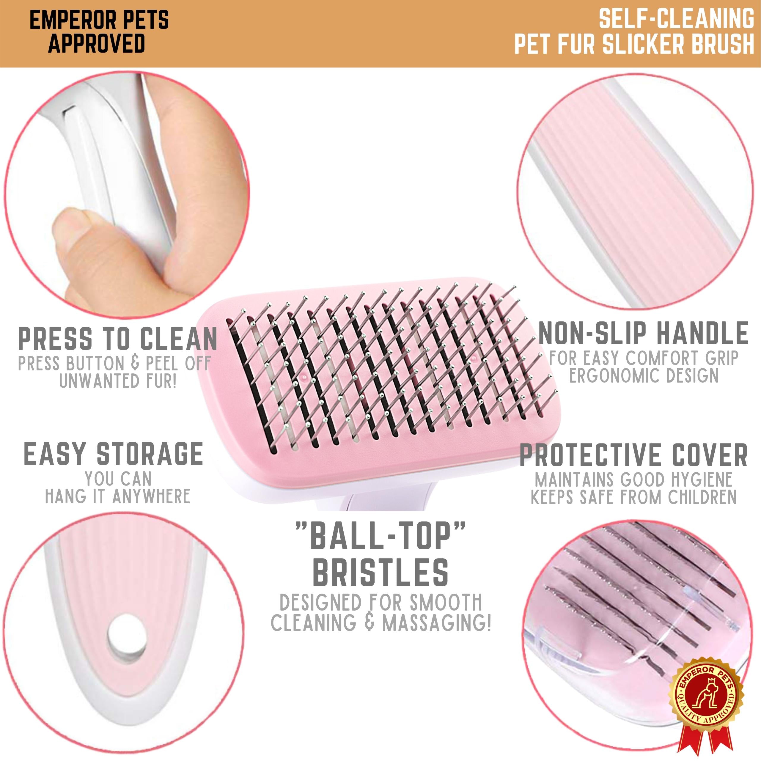 Emperor Pets Self Cleaning Pet Fur Slicker Brush for Short Fur Pets, Dog Brush, Cat Brush, Pink Color - Image 3 Key Features