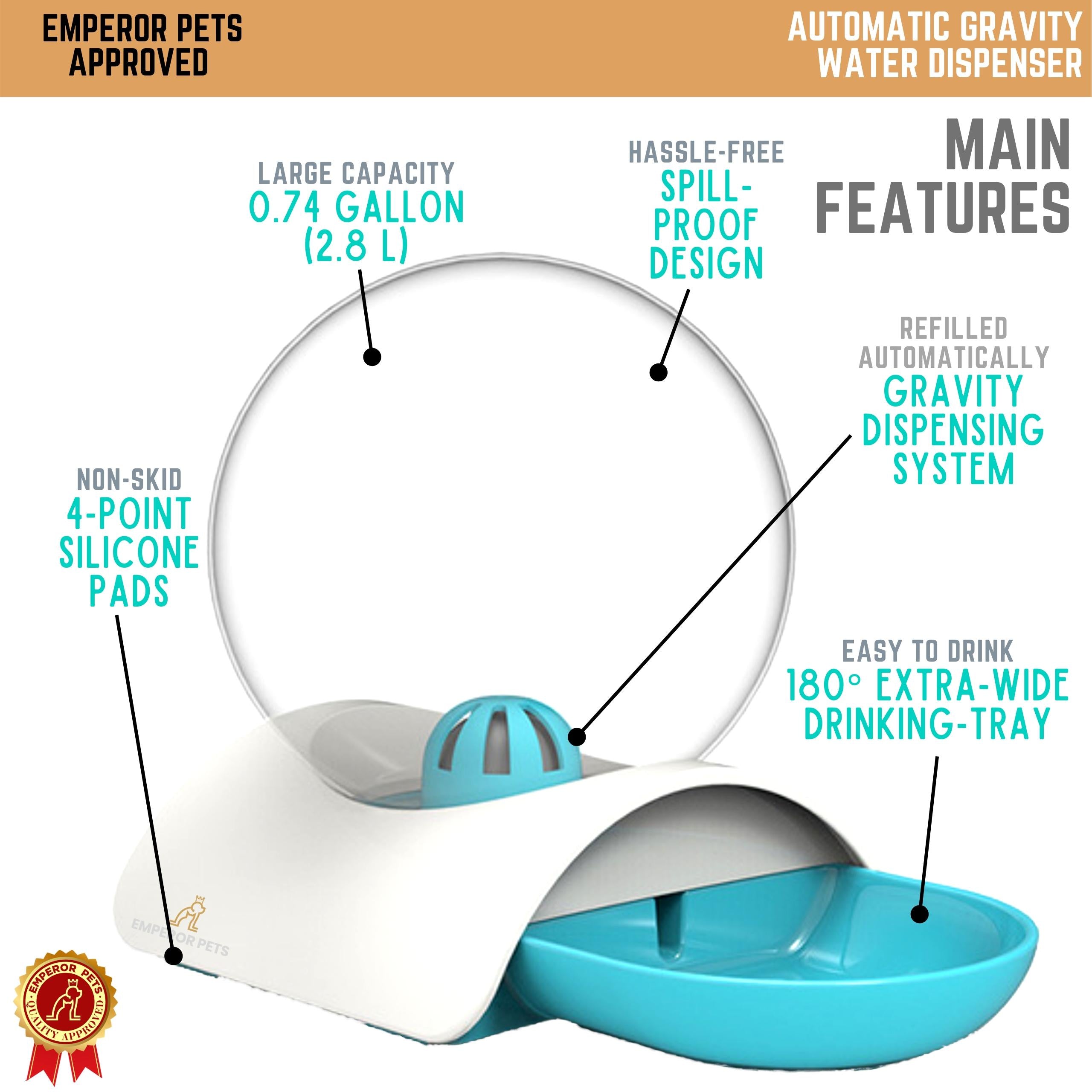 Emperor Pets Automatic Pet Water Dispenser, Automatic Gravity Type, 0.74 Gallon, Blue Color - Image 3 Main Features