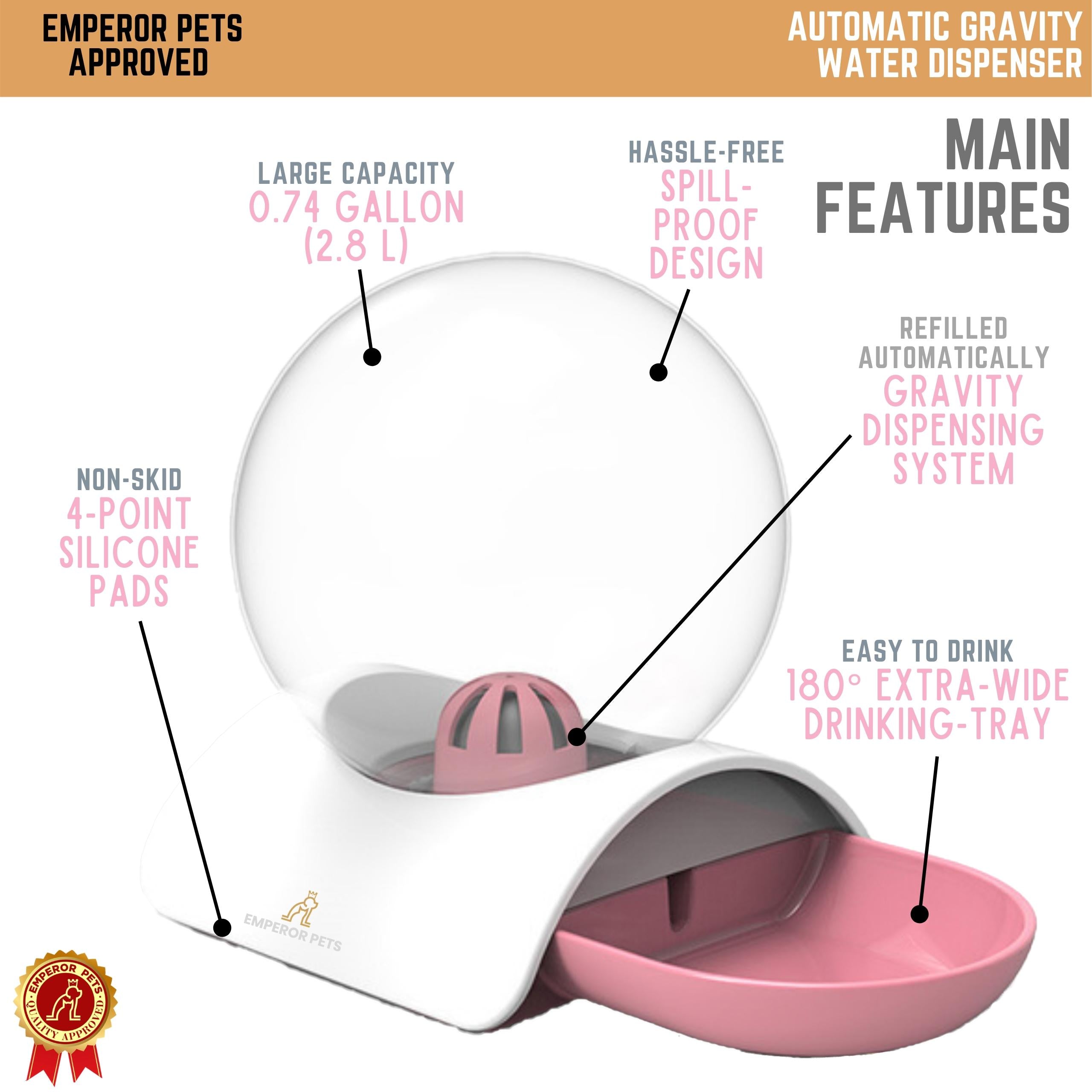 Emperor Pets Automatic Pet Water Dispenser, Automatic Gravity Type, 0.74 Gallon, Pink Color - Image 3 Main Features
