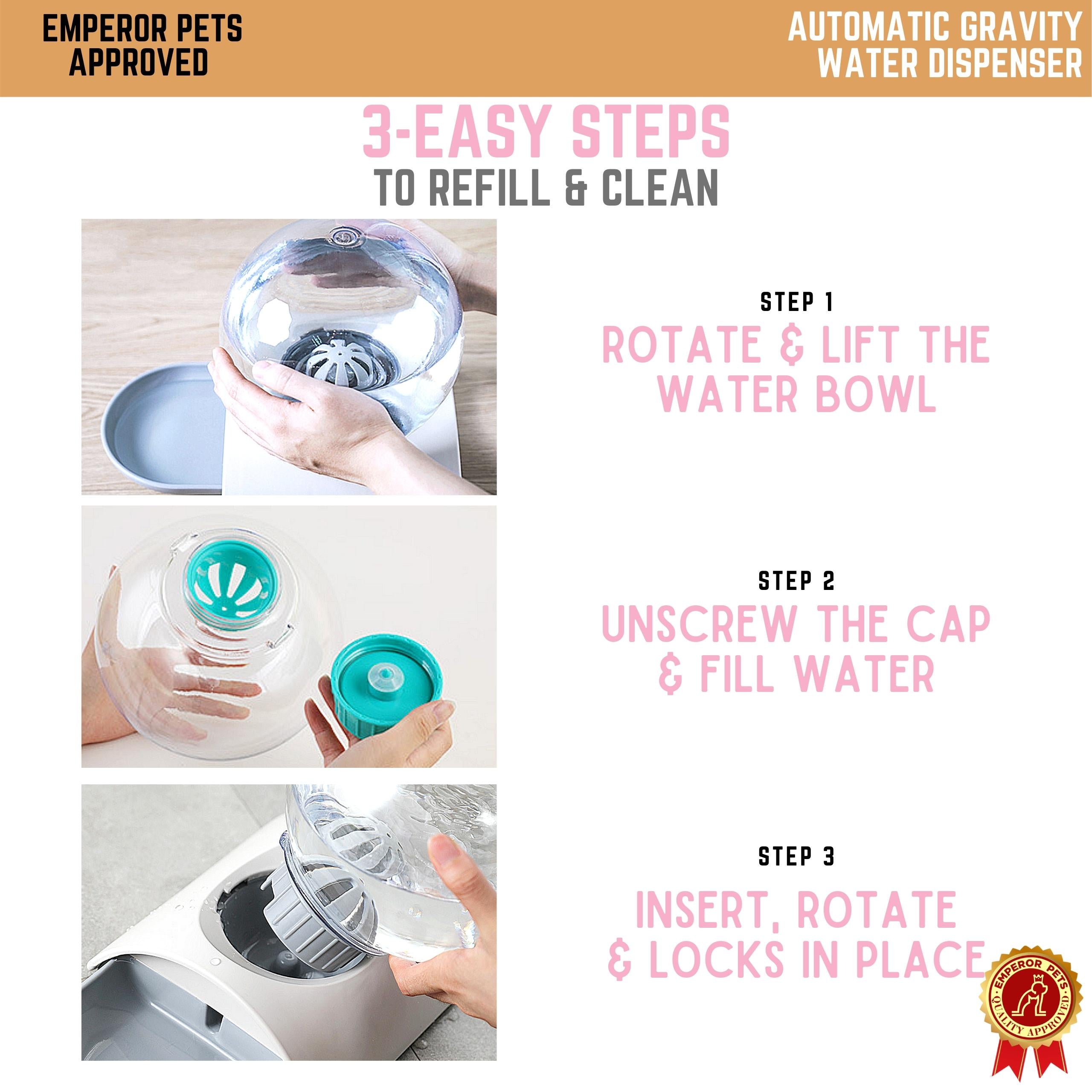 Emperor Pets Automatic Pet Water Dispenser, Automatic Gravity Type, 0.74 Gallon, Pink Color - Image 6 Refilling Instructions