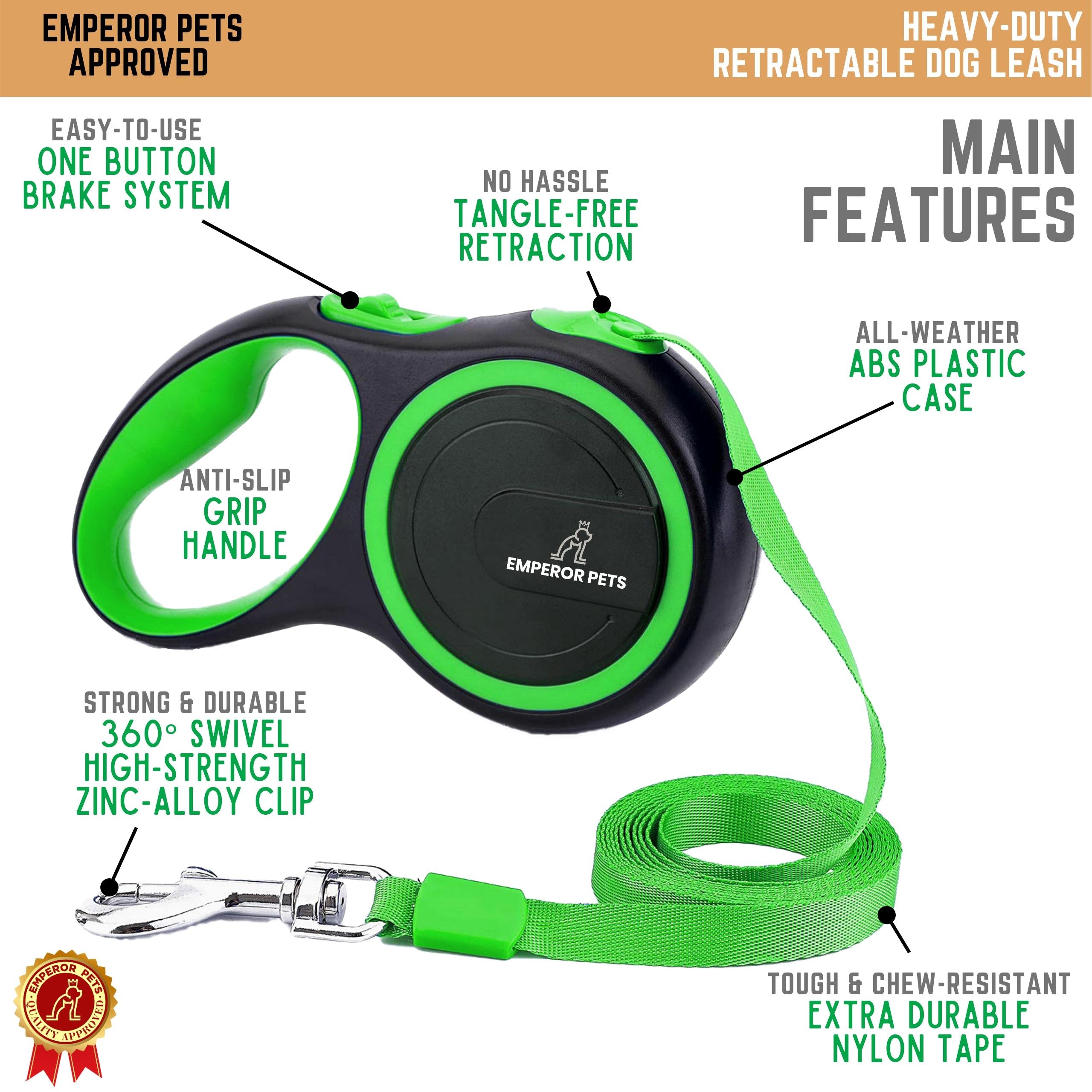 Emperor Pets Retractable Pet Leash Tape Length 16ft 5m Green Color, Durable Retractable Dog Leash - Image 4 Main Features