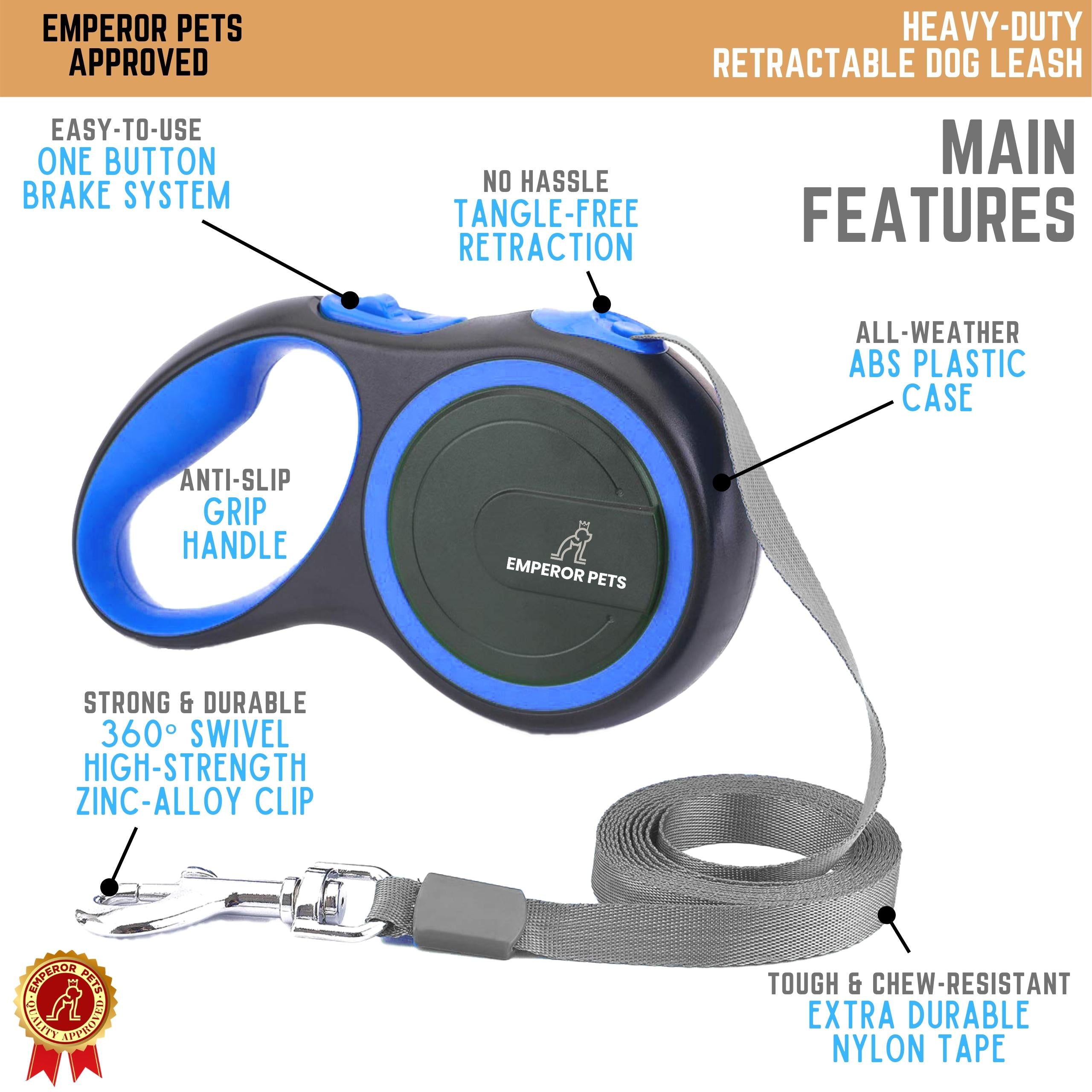 Emperor Pets Retractable Pet Leash Tape Length 26ft 8m Blue Color, Durable Retractable Dog Leash - Image 4 Main Features