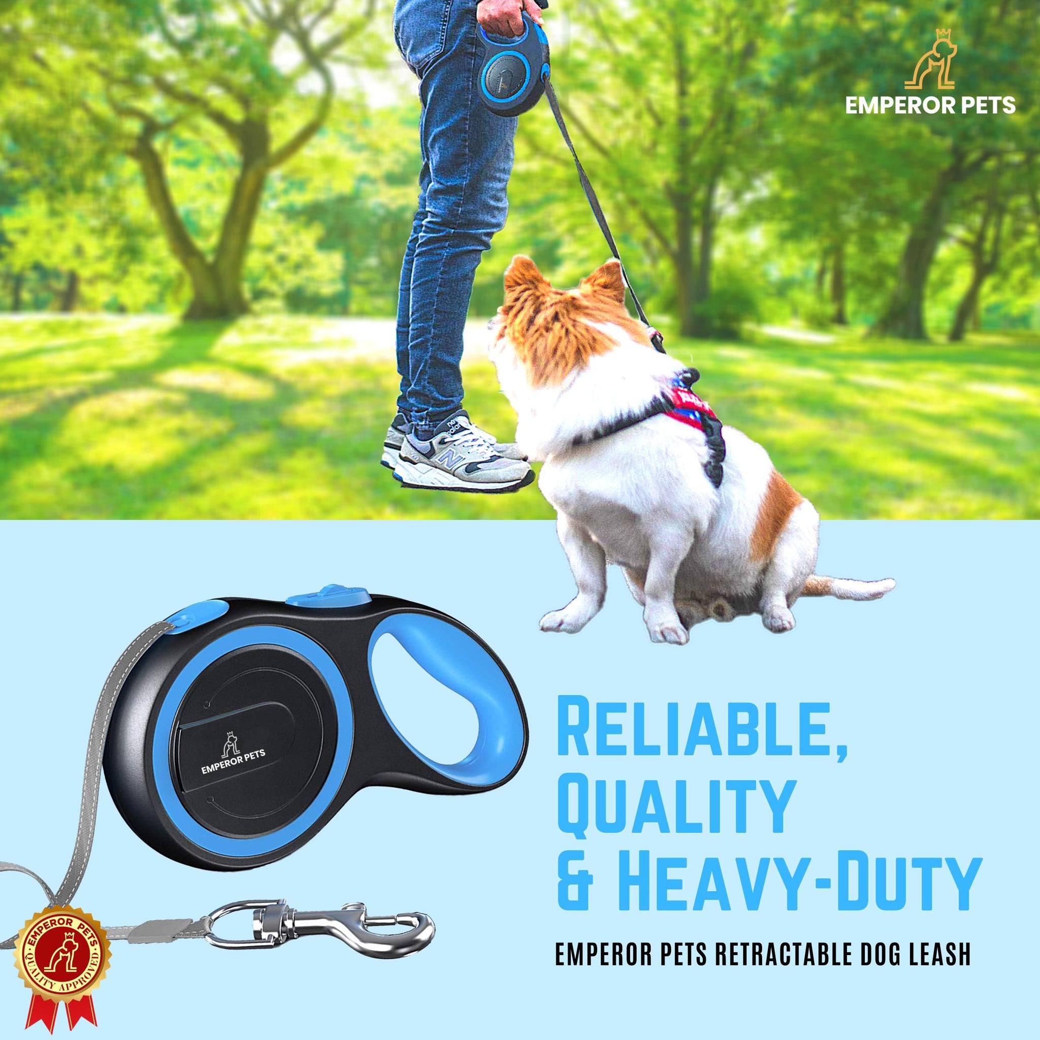 Retractable Pet Leash Tape Length 26ft 8M Blue Emperor Pets