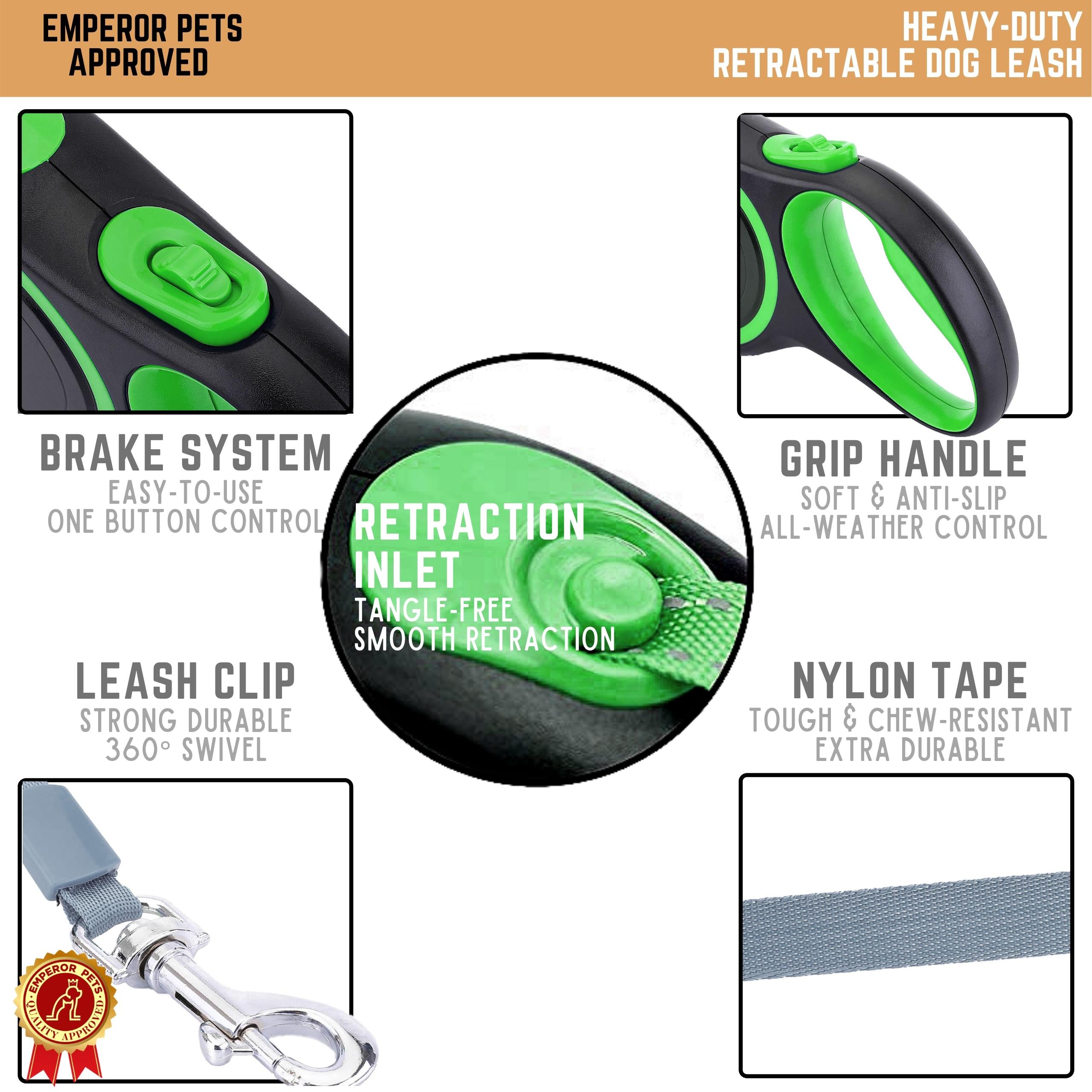 Emperor Pets Retractable Pet Leash Tape Length 26ft 8m Green Color, Durable Retractable Dog Leash - Image 3 Key Features