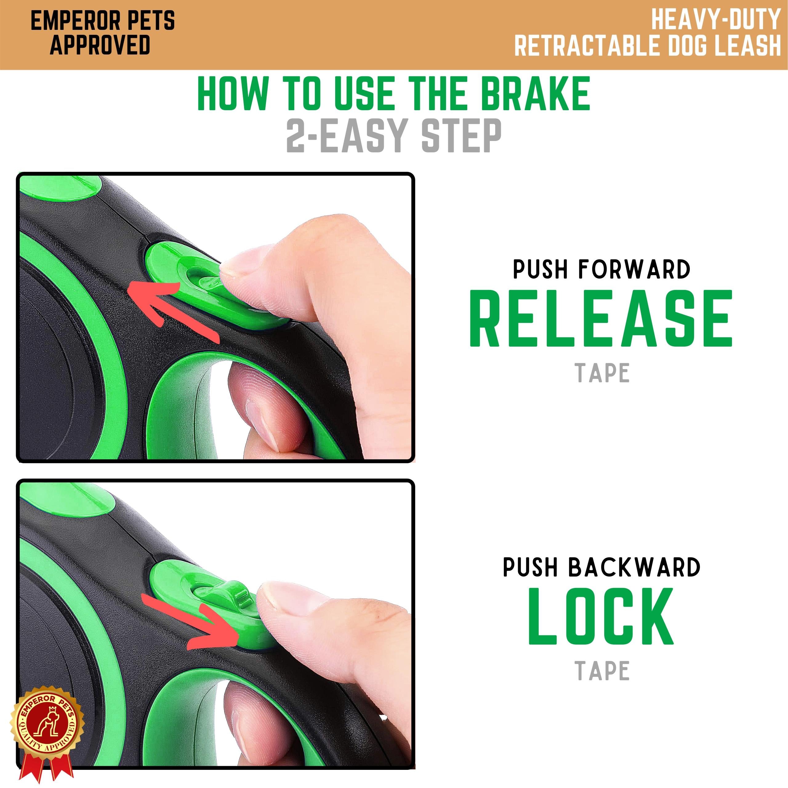 Emperor Pets Retractable Pet Leash Tape Length 26ft 8m Green Color, Durable Retractable Dog Leash - Image 6 How to use Brake