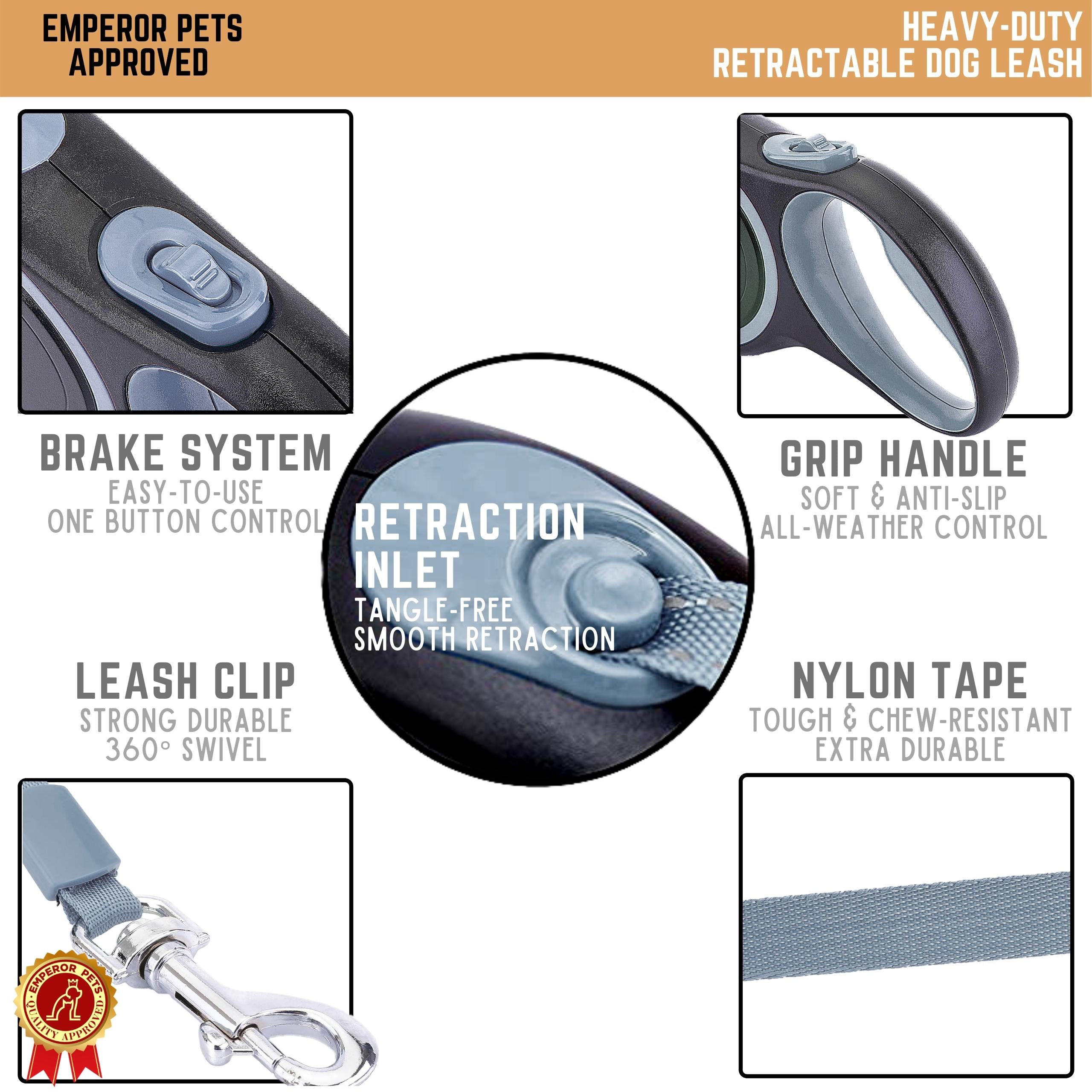 Emperor Pets Retractable Pet Leash Tape Length 26ft 8m Grey Color, Durable Retractable Dog Leash - Image 3 Key Features