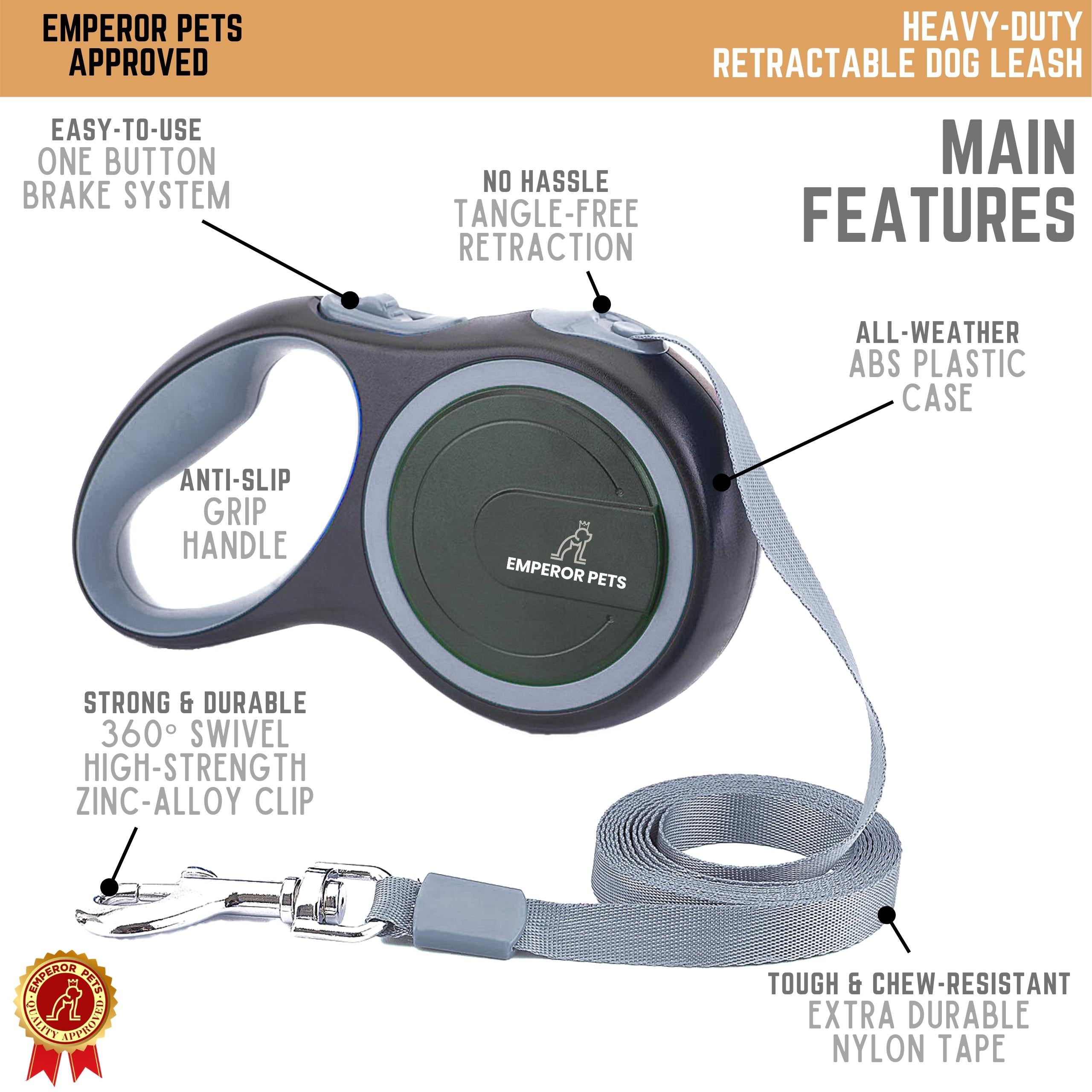 Emperor Pets Retractable Pet Leash Tape Length 26ft 8m Grey Color, Durable Retractable Dog Leash - Image 4 Main Features