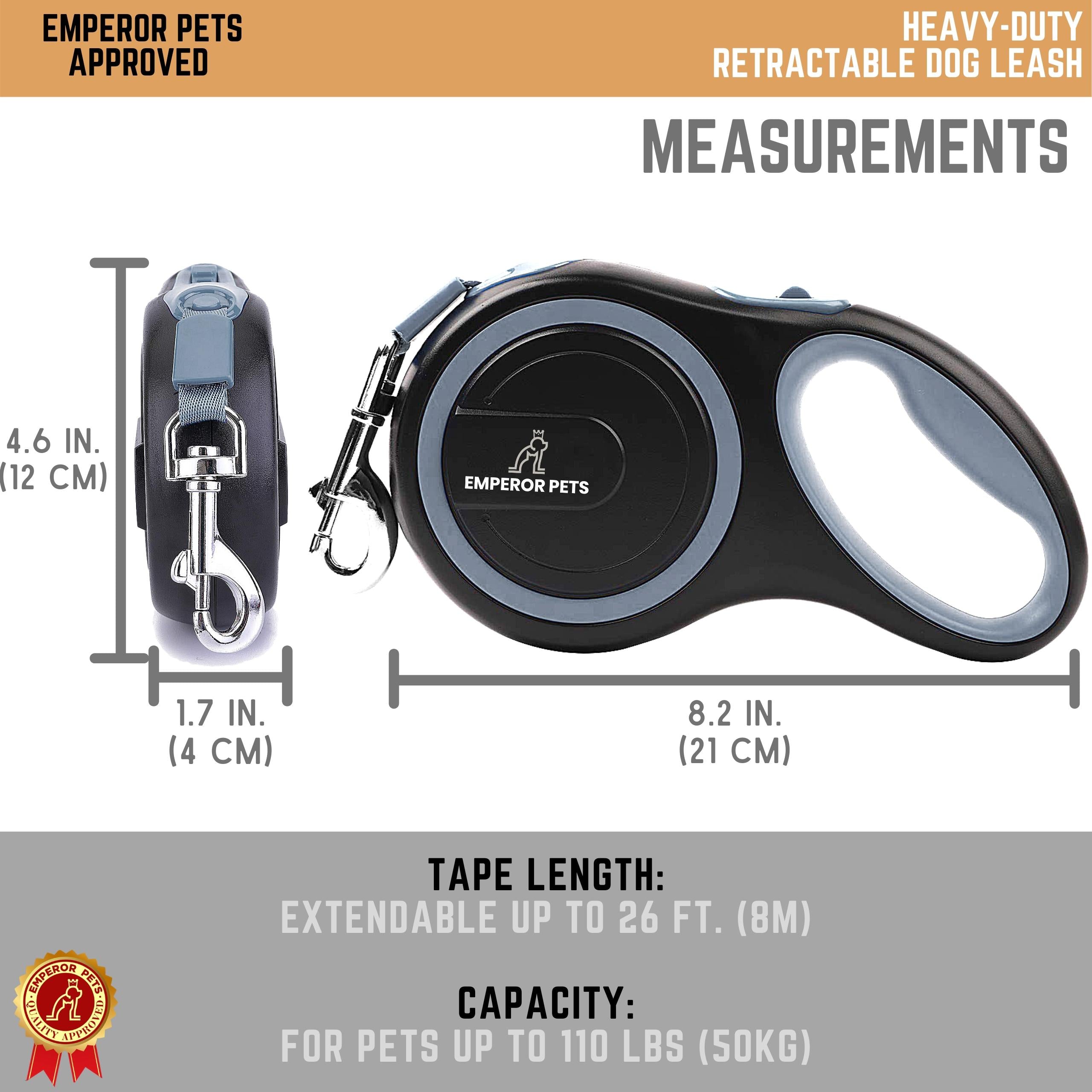 Emperor Pets Retractable Pet Leash Tape Length 26ft 8m Grey Color, Durable Retractable Dog Leash - Image 5 Measurements