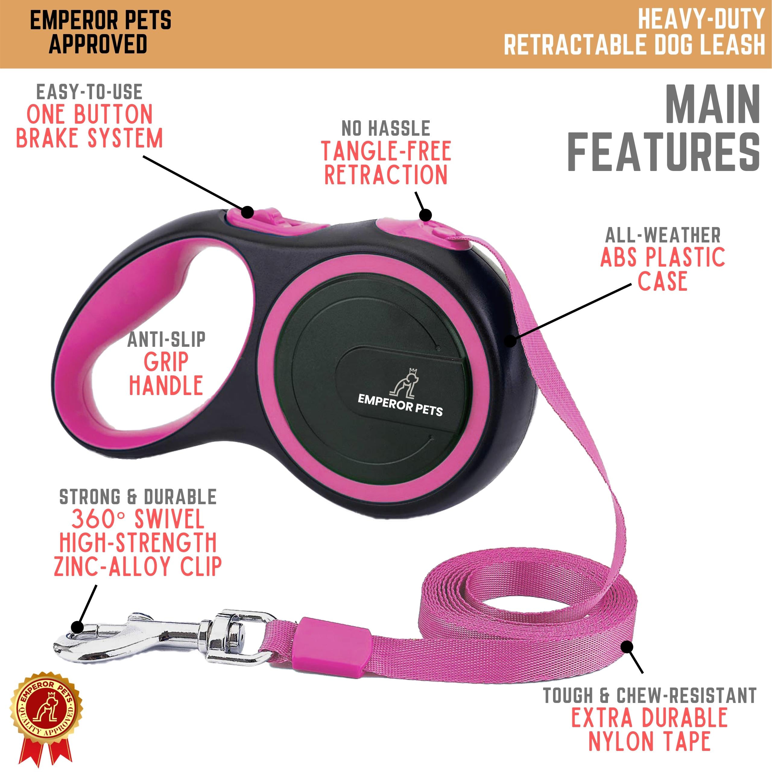 Emperor Pets Retractable Pet Leash Tape Length 16ft 5m Pink Color, Durable Retractable Dog Leash - Image 4 Main Features